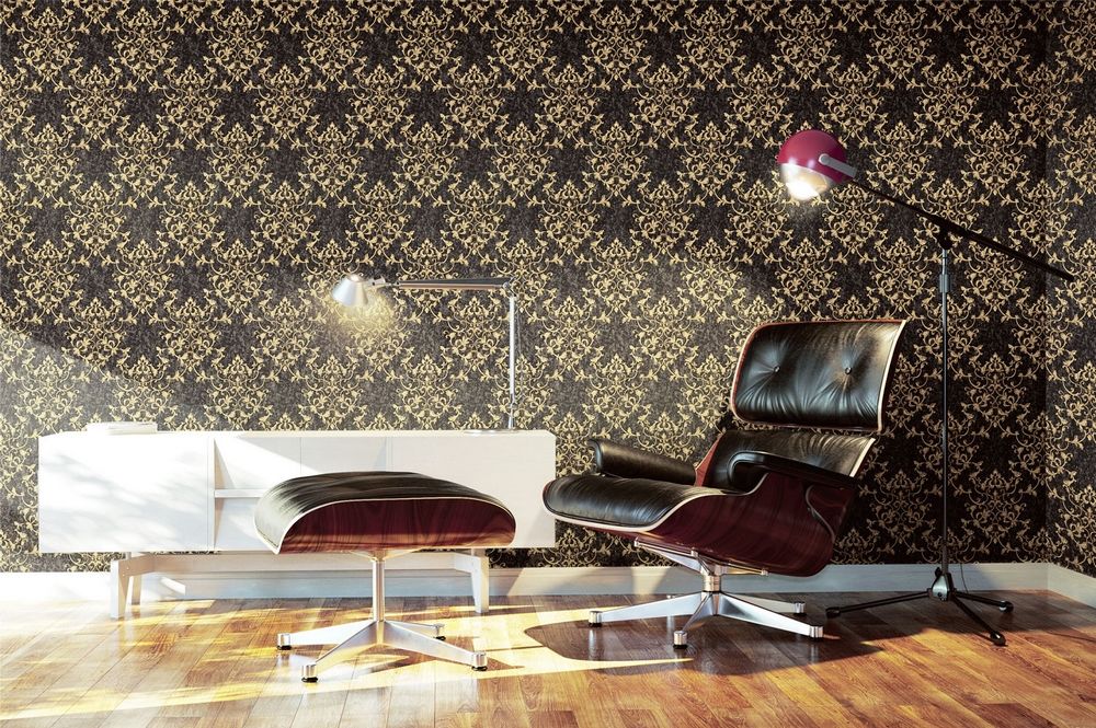 Carta da parati damasco  nero e oro - Cod. 46508