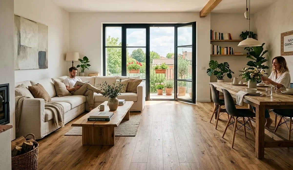 Pavimento in lamianto effetto legno nell'interno di casa Esempio di pavimento lamianto parquet sintetico effetto legno