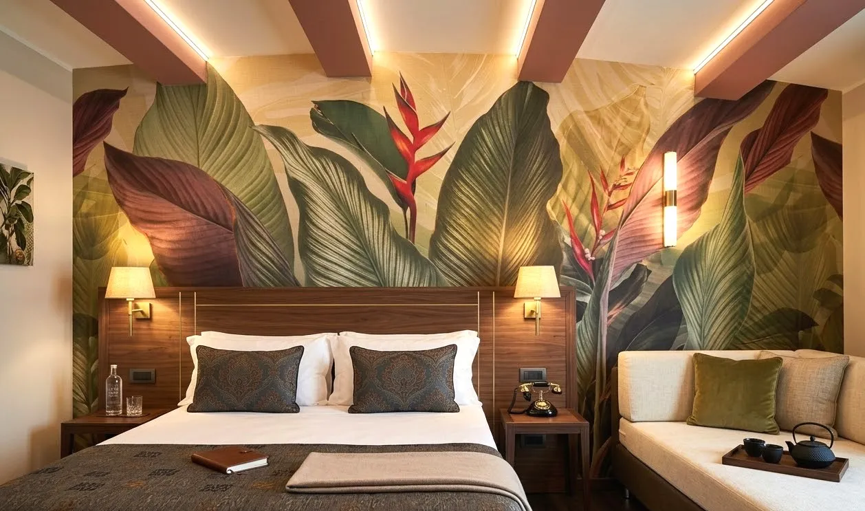 Carta da parati con foglie tropicali tema moderno in suite hotel