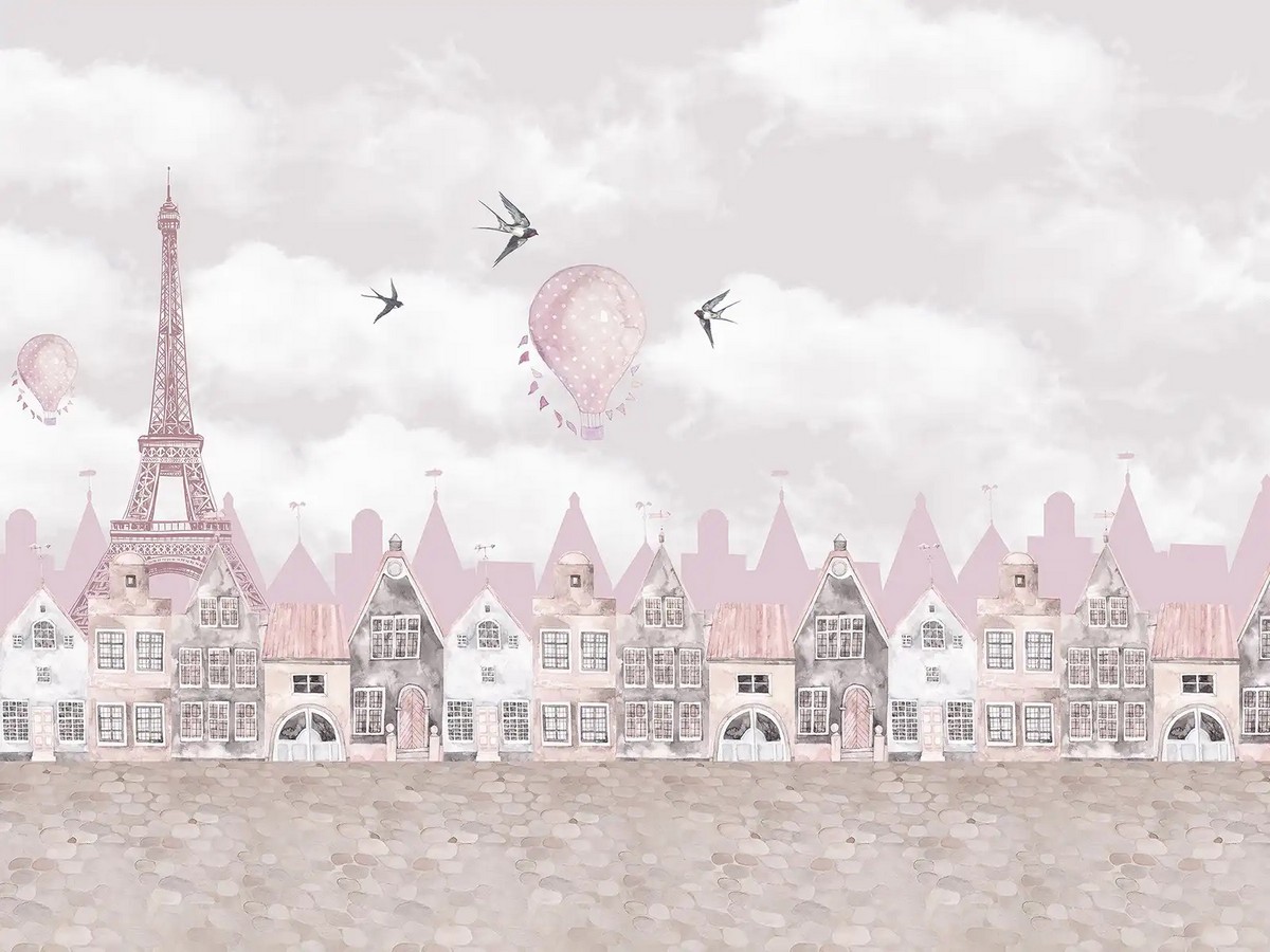 Carta da parati mongolfiere rosa che volano sulle casine - Nanni Giancarlo