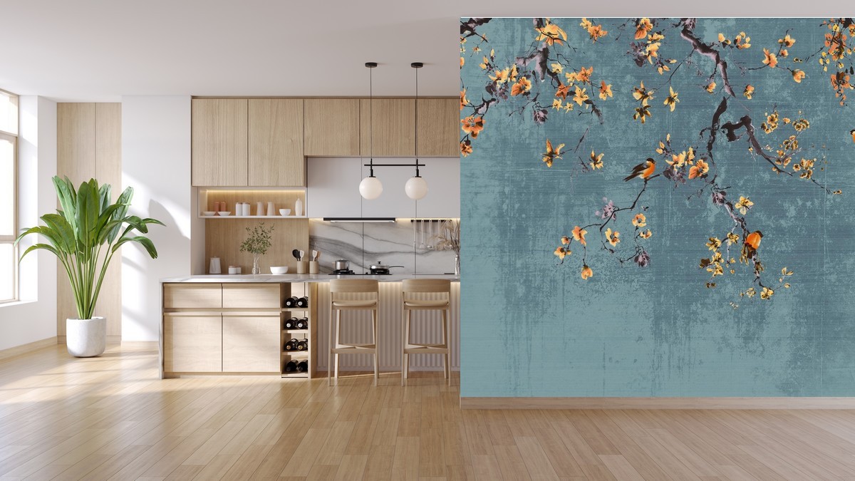 Saku: Carta da parati con uccelli pettirossi e rami - Nanni Giancarlo