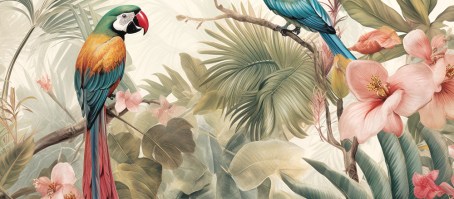 ESOTICA ARMONIA |  Carta da parati tropicale con tucani pappagalli fenicotteri